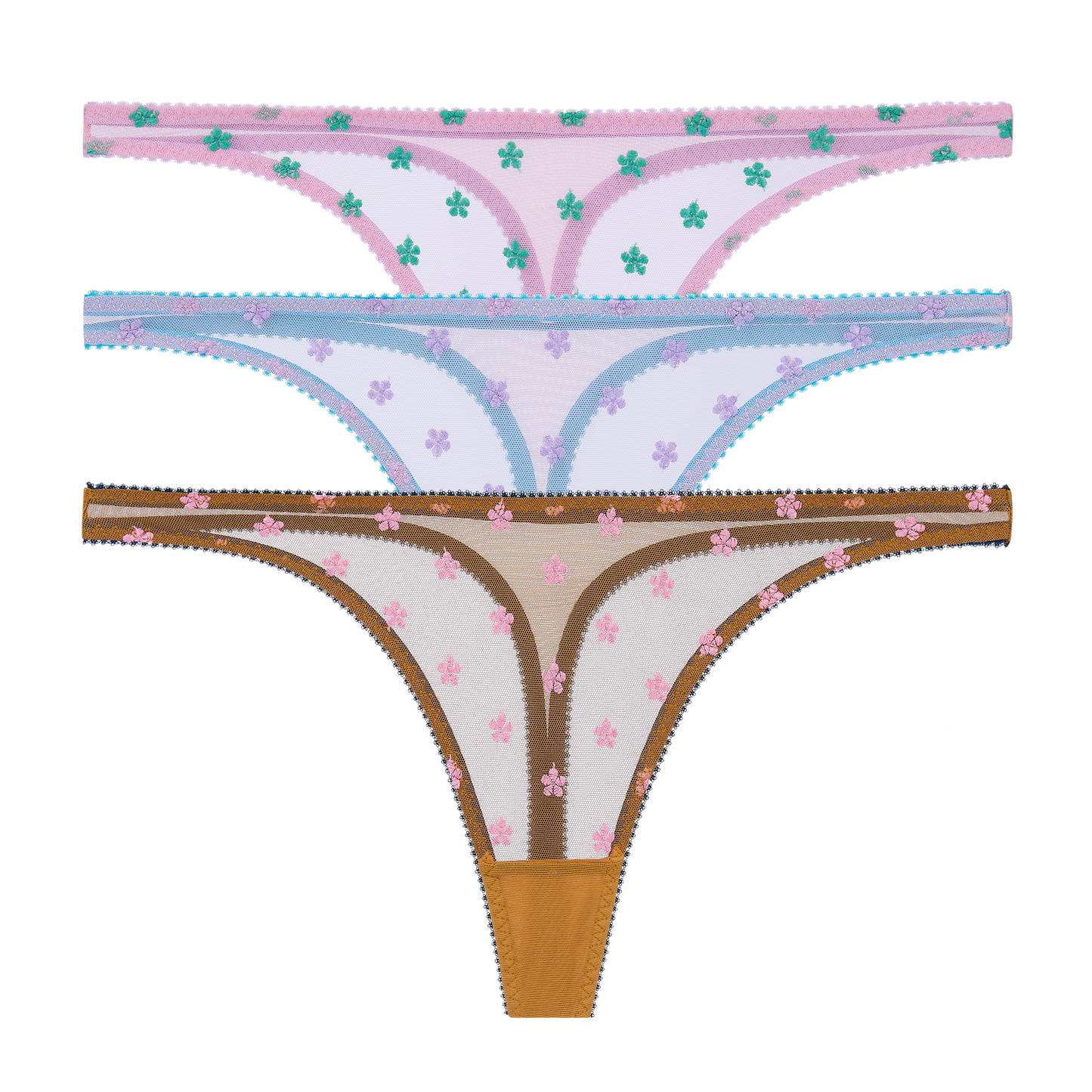 Daisy Embroidery Thong Trio